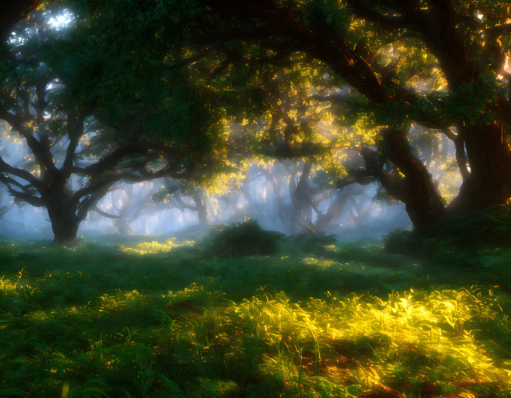 Ethereal forest scene with sunlight filtering through canopy