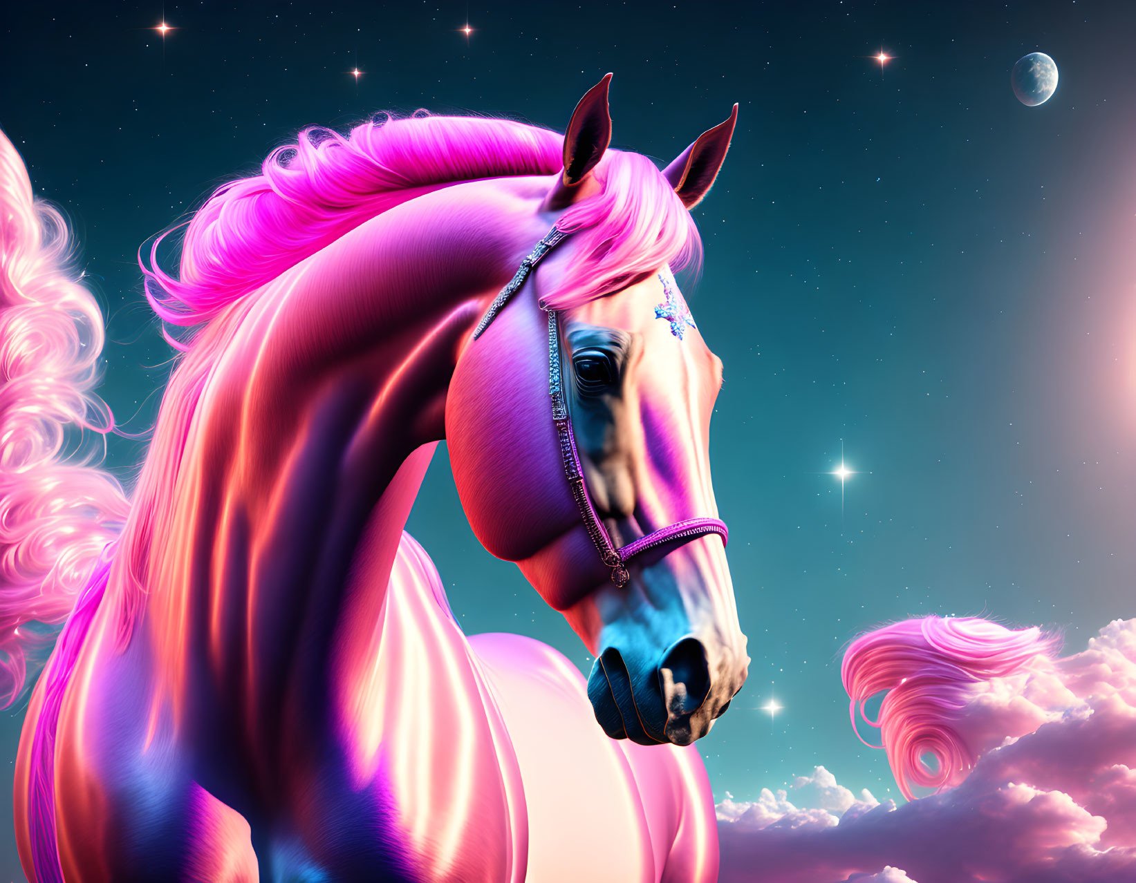 Majestic horse with pink mane in cosmic sky landscape