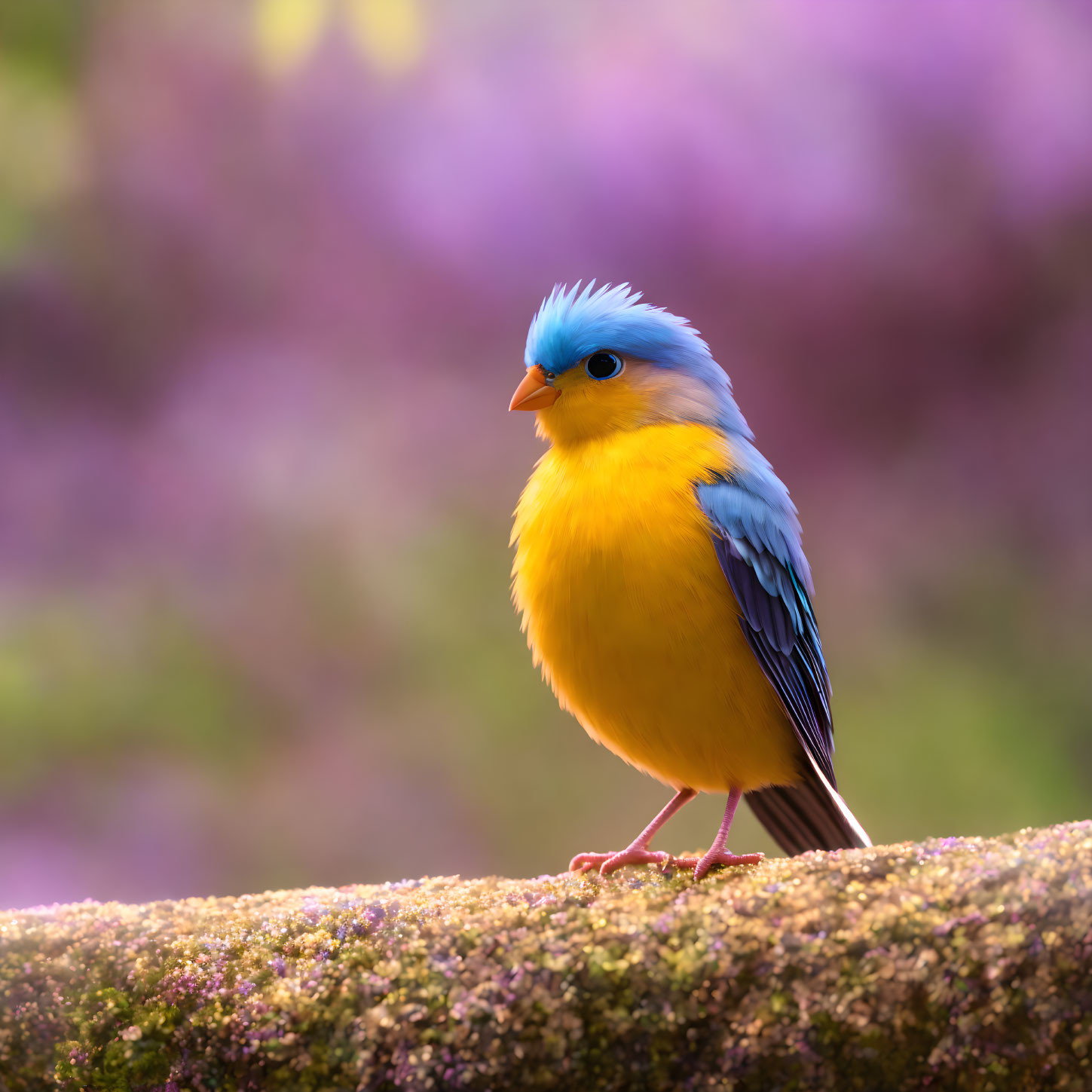 Colorful bird with yellow chest and blue wings on mossy surface with purple flowers