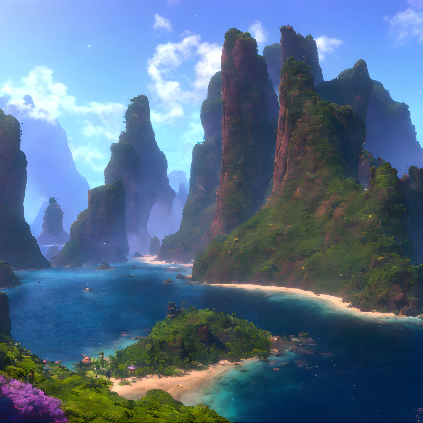 Vibrant fantasy tropical paradise with rock formations & clear waters