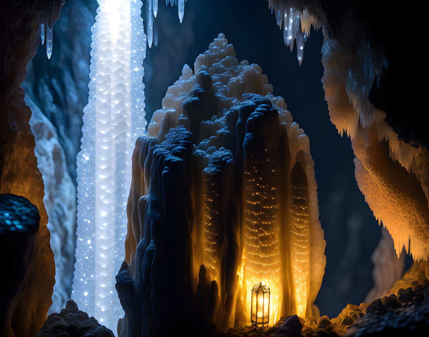 Ethereal subterranean landscape with glowing blue formations and lit lantern