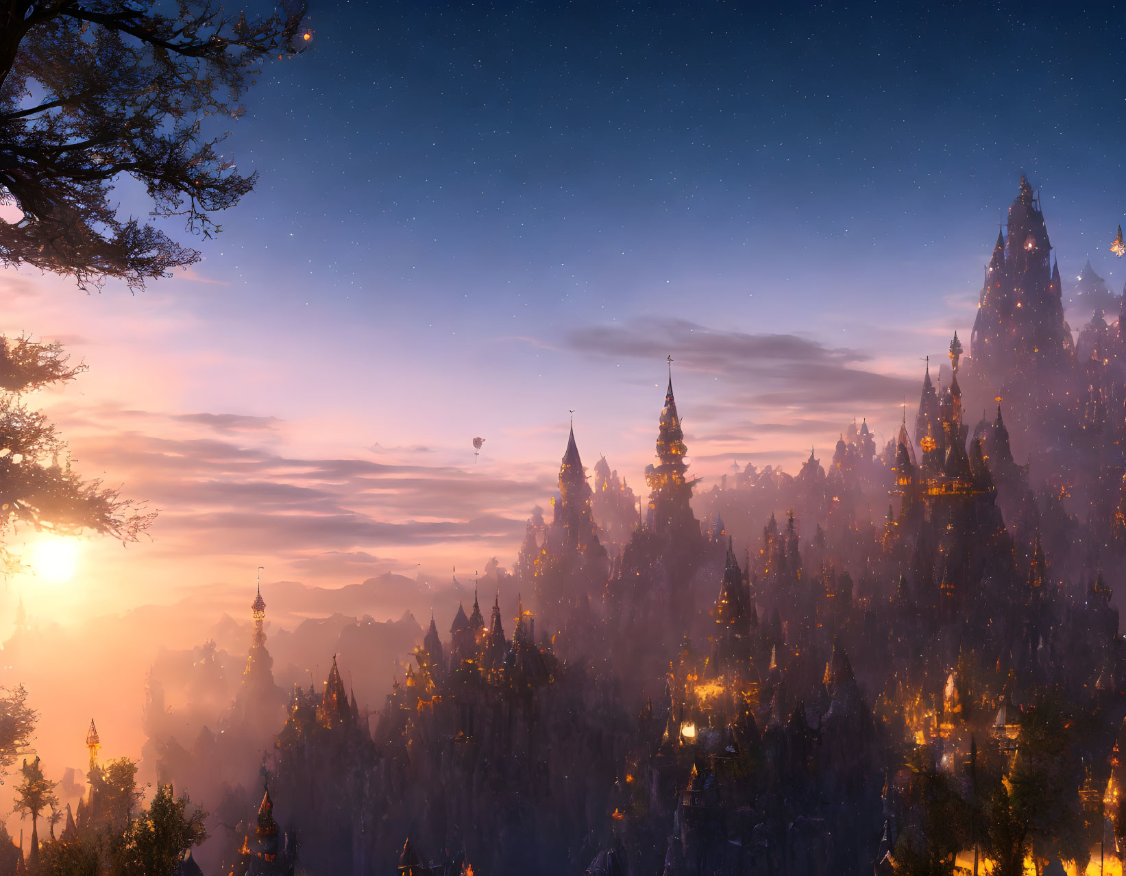 Fantastical sunrise landscape with spire-like mountains, starry sky, glowing lights, trees,