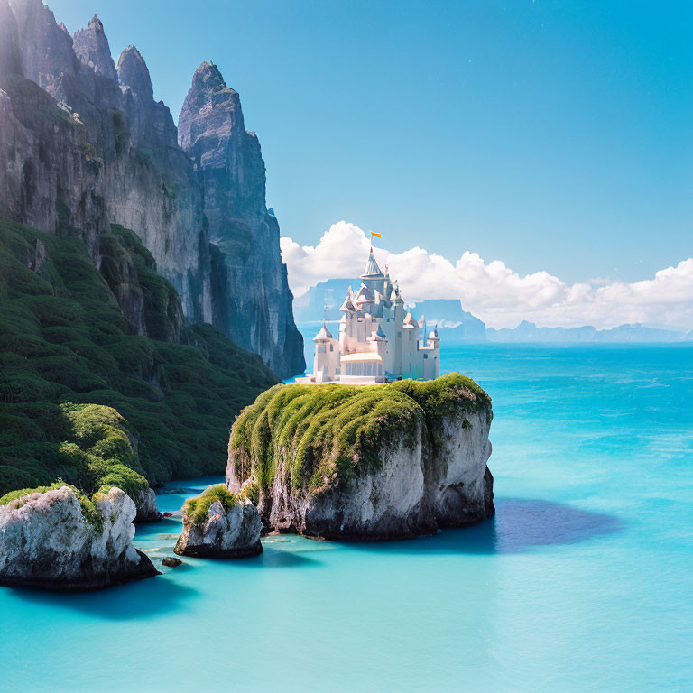 Cliff-Edged Islet Castle with Mountain Backdrop