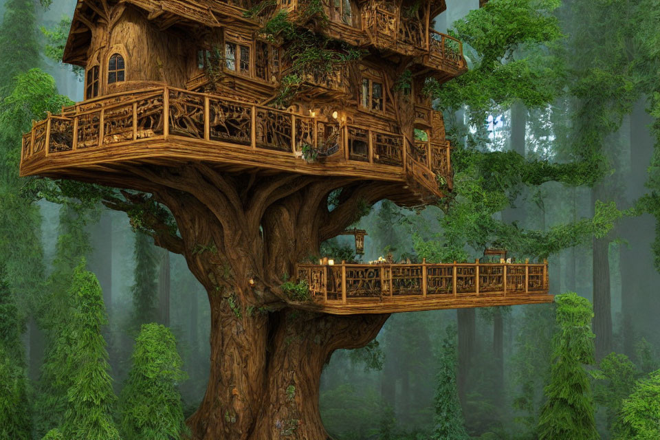 Wooden treehouse with multiple levels and balconies in lush forest