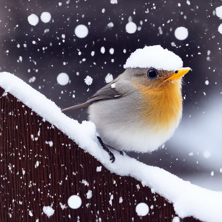 Robin perched on snow-covered fence in snowfall