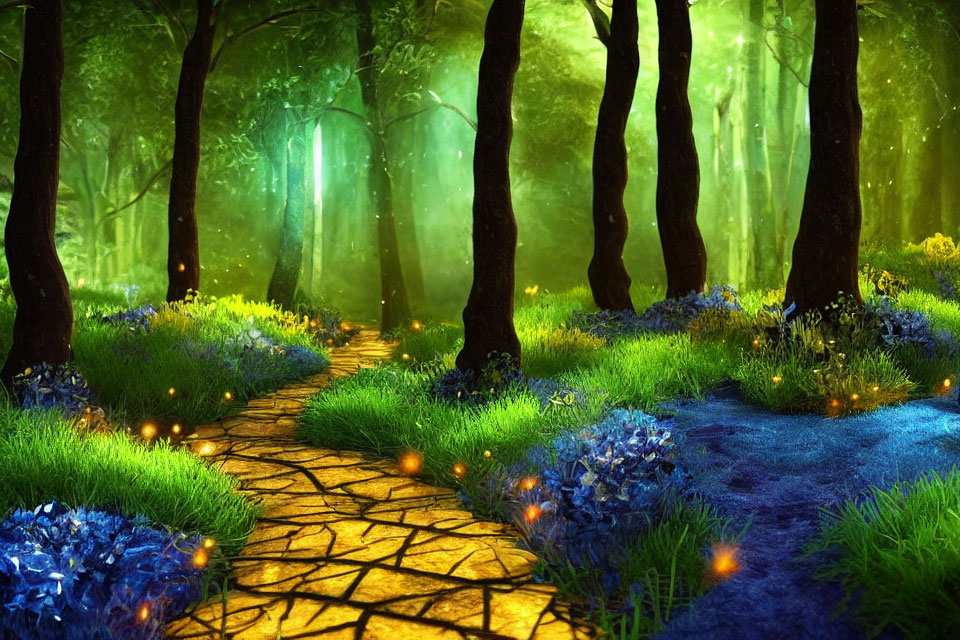 Enchanting forest path with glowing lights and vibrant green trees