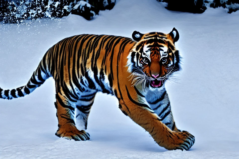 Majestic tiger with vivid orange and black stripes in snow-covered scene