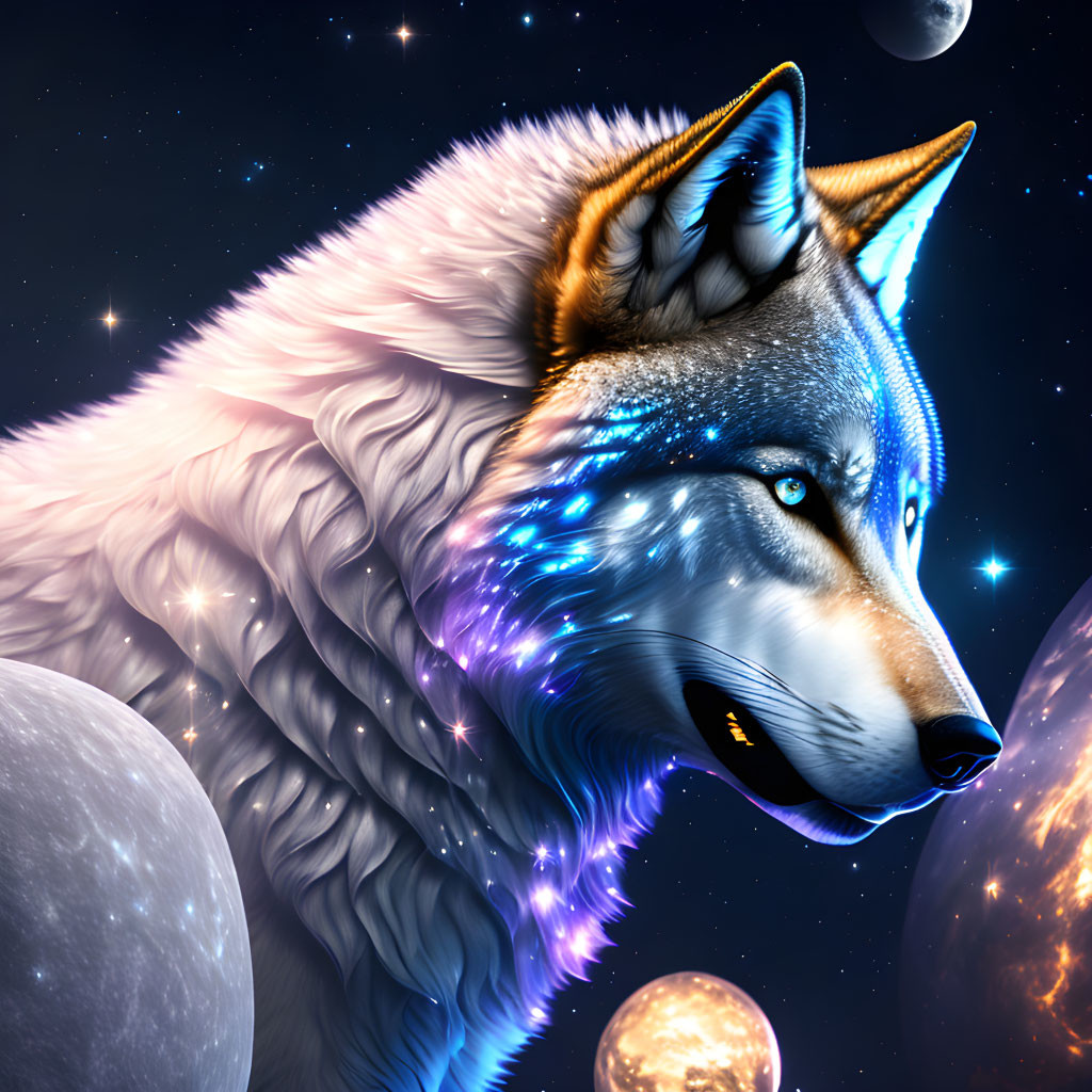 Mystical wolf with glowing blue eyes in cosmic setting