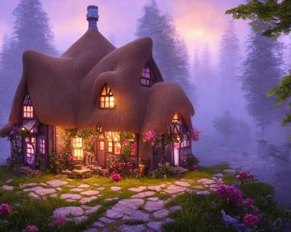 Thatched roof fairytale cottage in misty forest at twilight