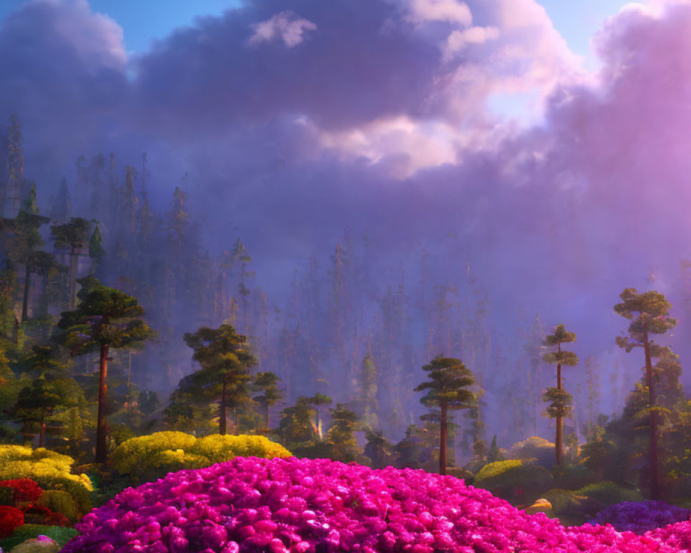 Colorful landscape with pink flowers, misty forest, and blue sky