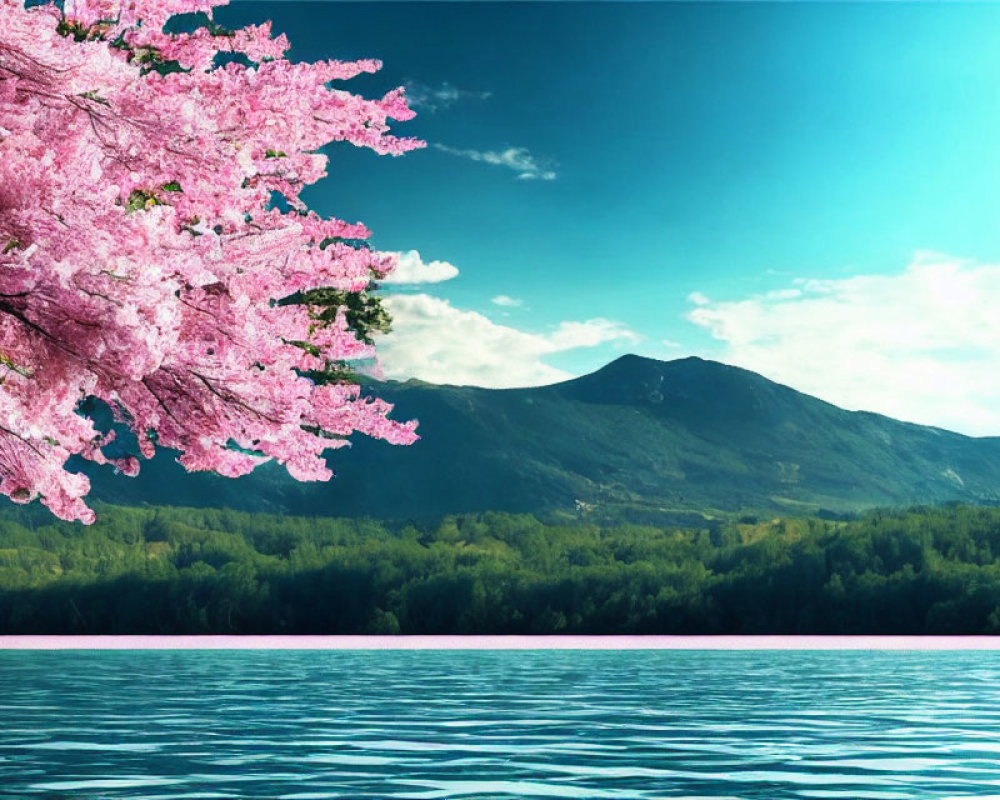 Tranquil Lake with Pink Cherry Blossoms and Green Mountains