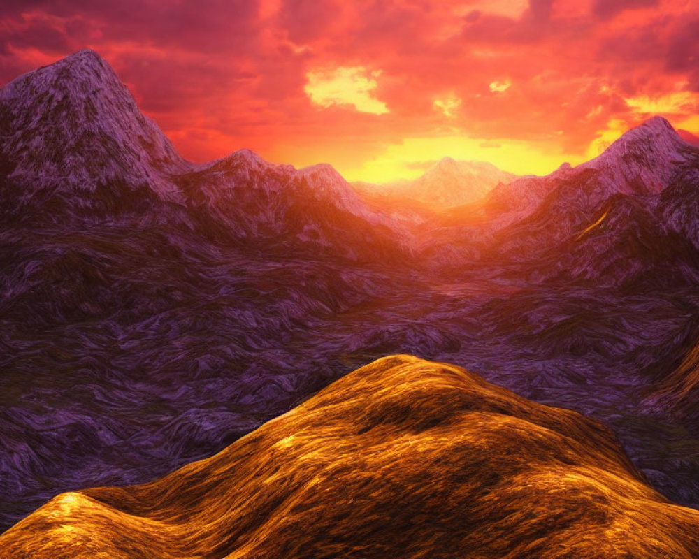 Scenic sunset mountain landscape with fiery clouds and rugged peaks