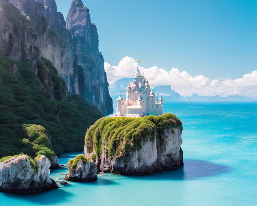 Cliff-Edged Islet Castle with Mountain Backdrop