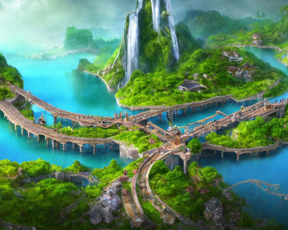 Elaborate bridge system in vibrant fantasy landscape