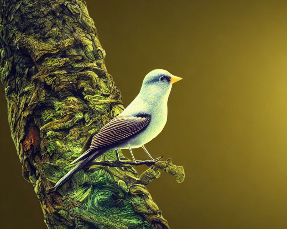 Surreal bird with leaf-like textures on twisted tree trunk in yellow-green setting