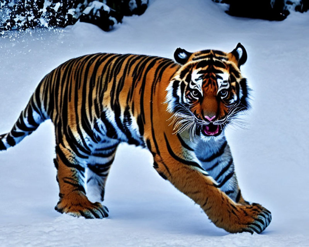 Majestic tiger with vivid orange and black stripes in snow-covered scene