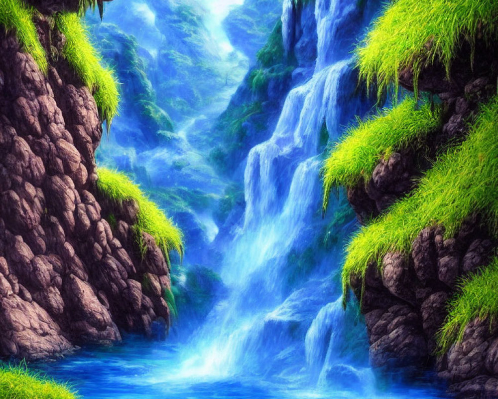 Scenic waterfall painting with lush greenery and blue pool