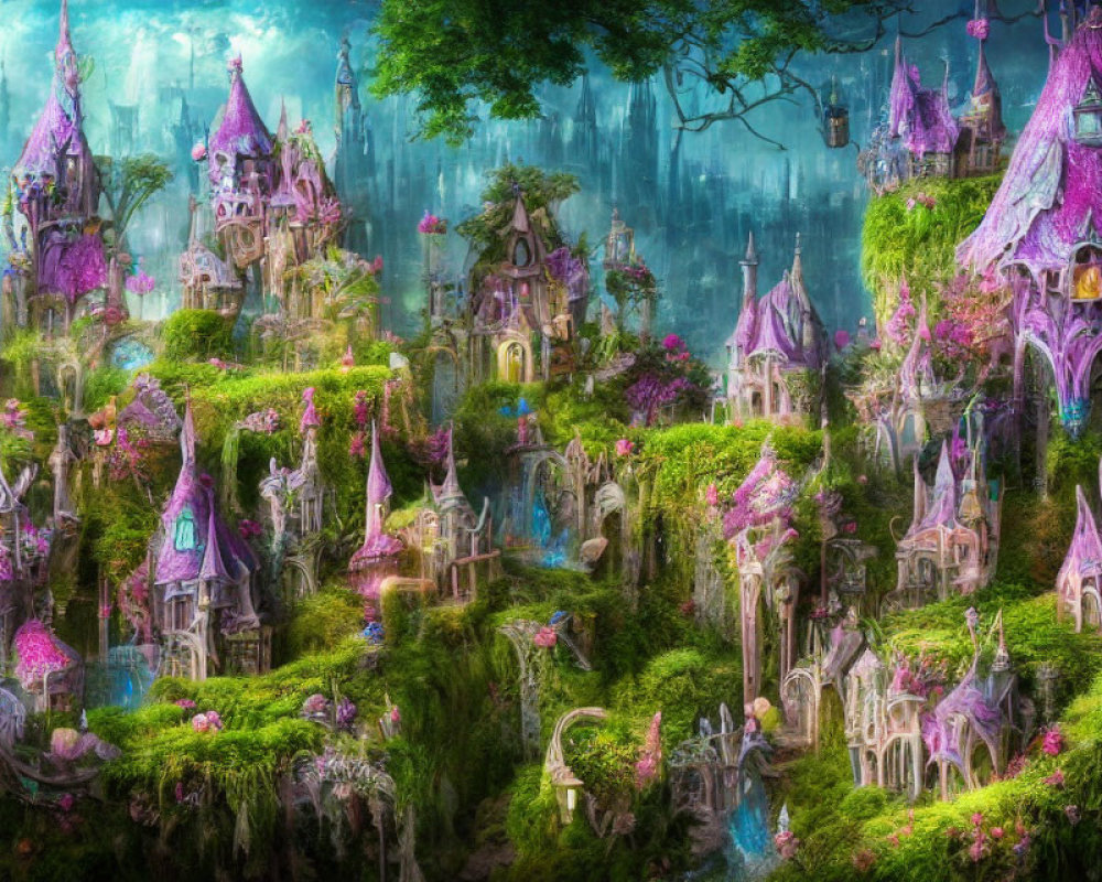 Whimsical pink and purple castles in lush, mystical landscape