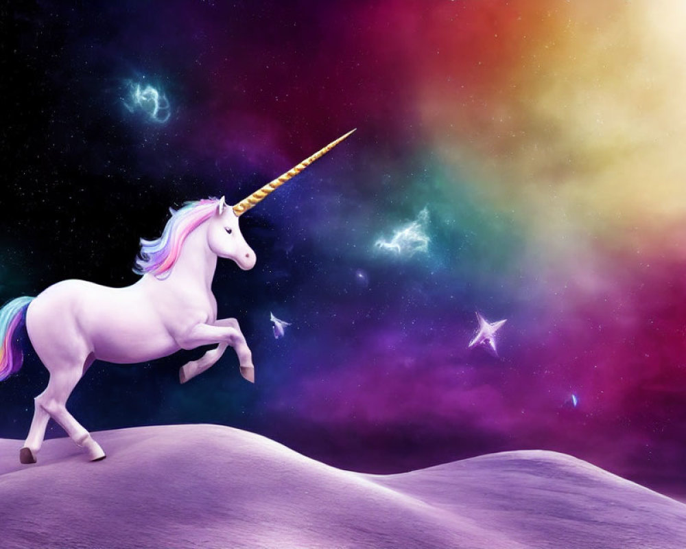 Majestic unicorn with rainbow mane in cosmic landscape