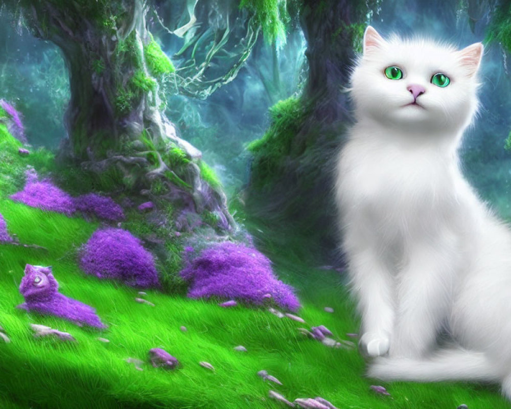 Fluffy white cat with green eyes in magical purple forest