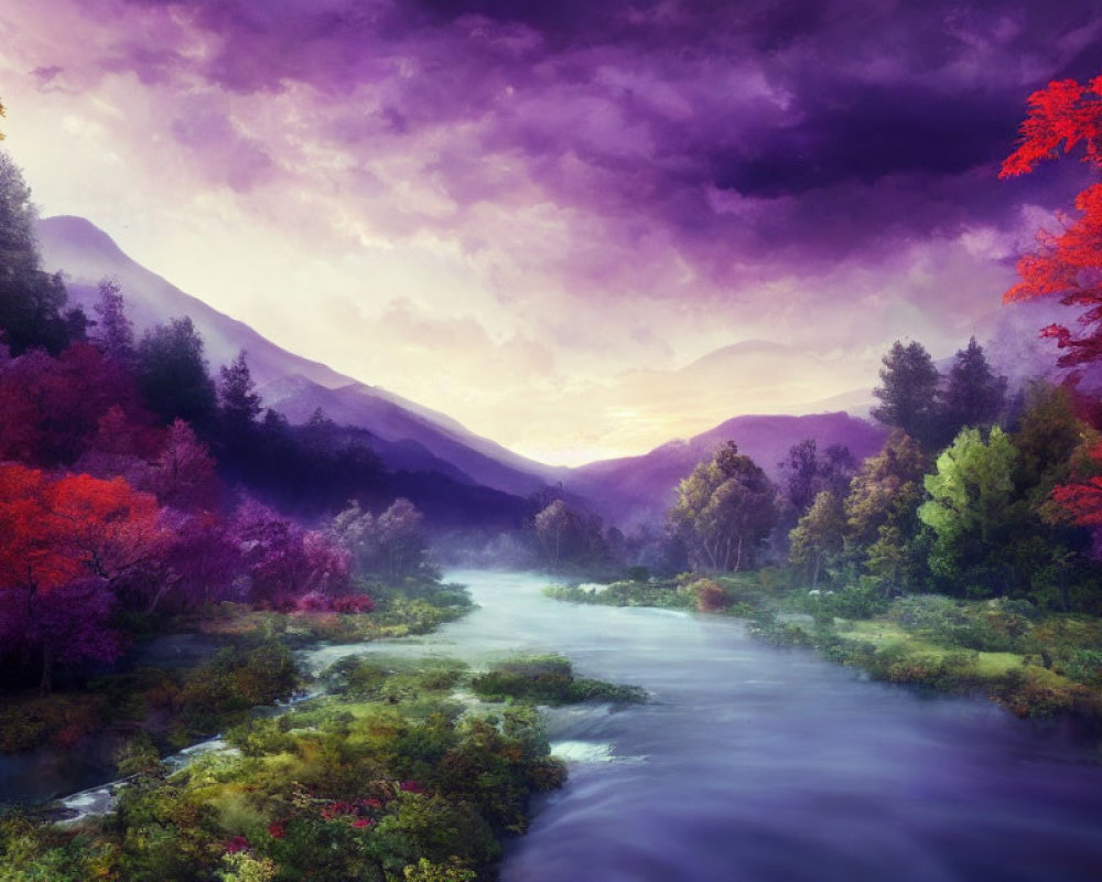 Colorful Autumn Landscape with River and Purple Clouds