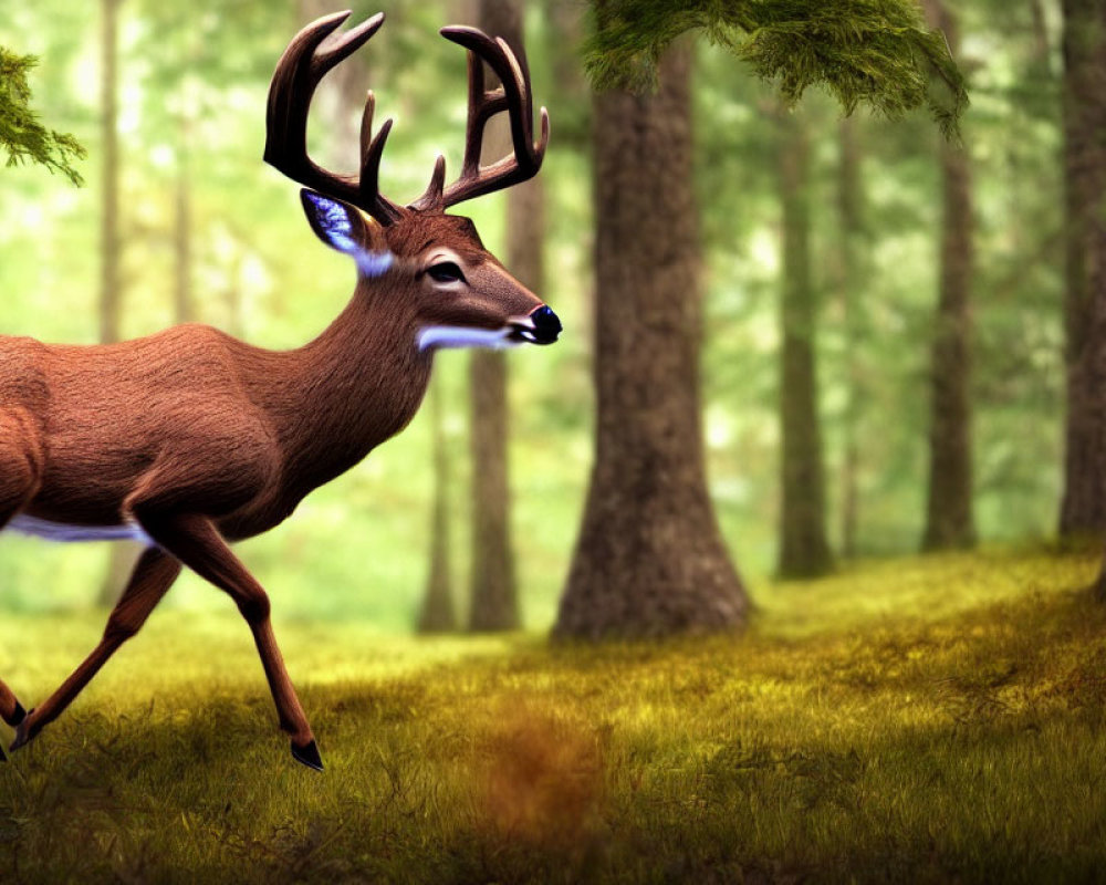 Majestic deer with prominent antlers in serene forest landscape