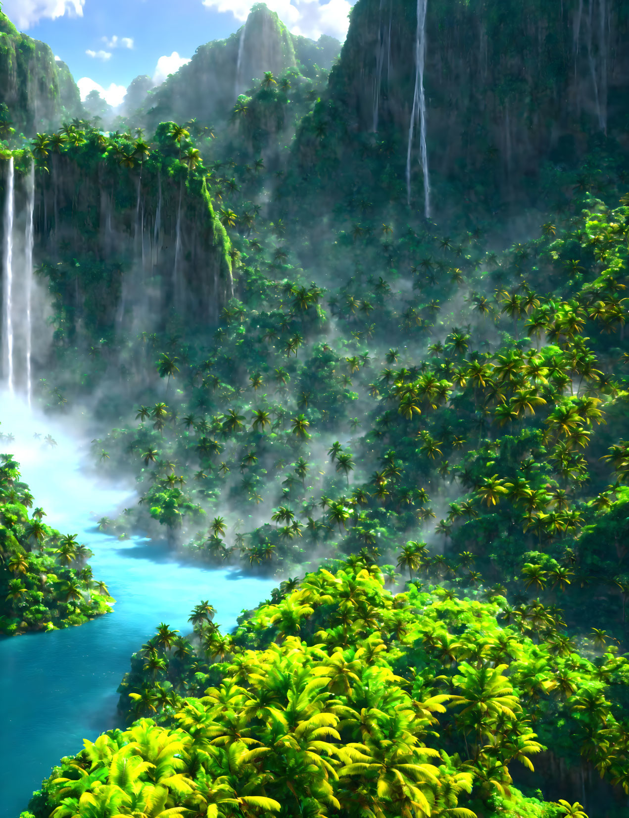 Tropical landscape with waterfalls, green foliage, and misty river