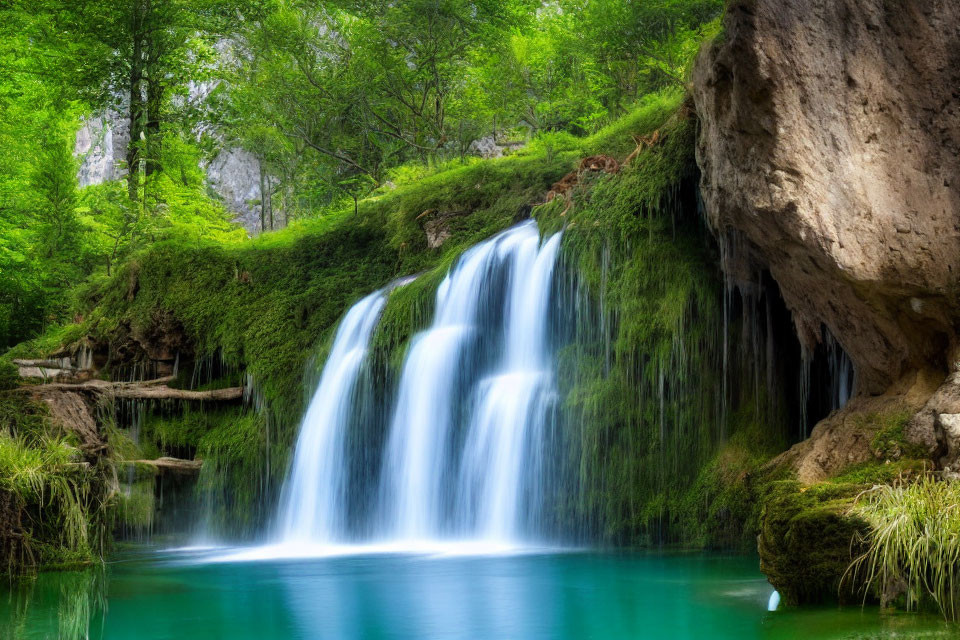 Tranquil waterfall surrounded by lush greenery and vibrant foliage