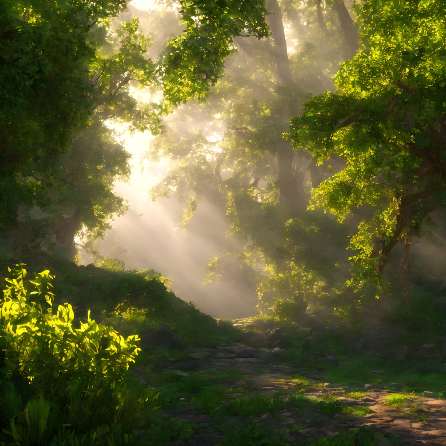 Tranquil forest path with warm sunlight and misty atmosphere