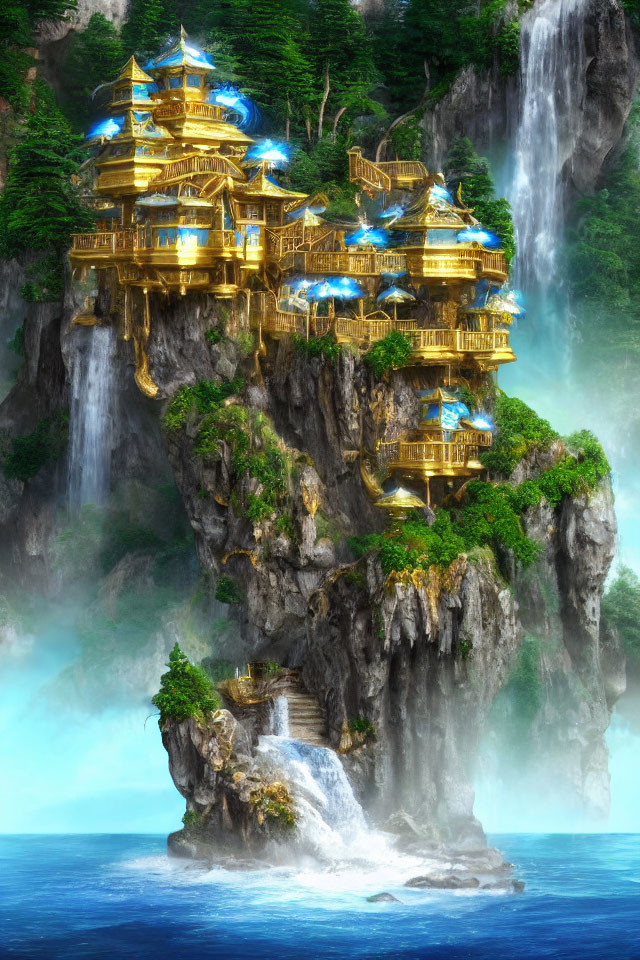 Golden palace on cliff with waterfalls & lake view