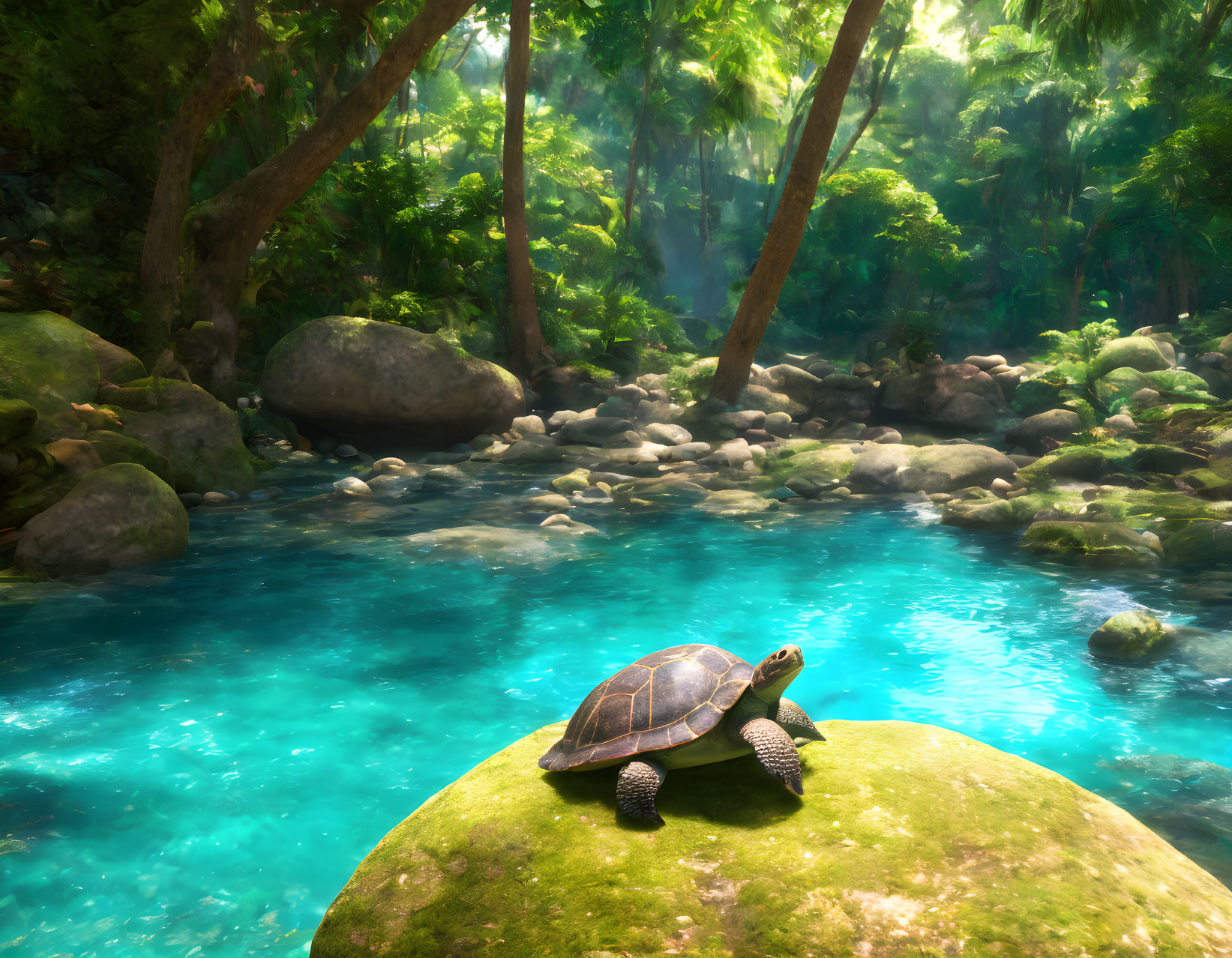 Turtle resting on moss-covered rock in serene forest stream