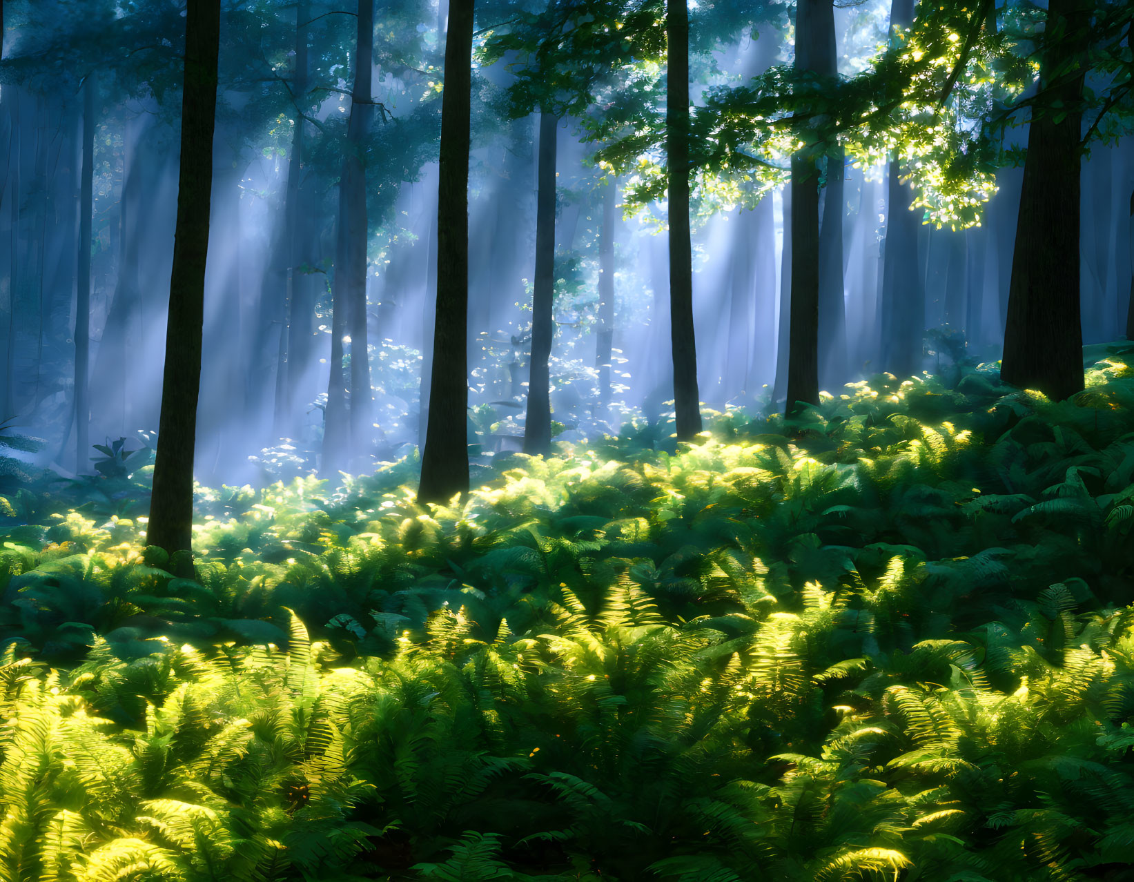 Misty forest scene with sunlight on green ferns