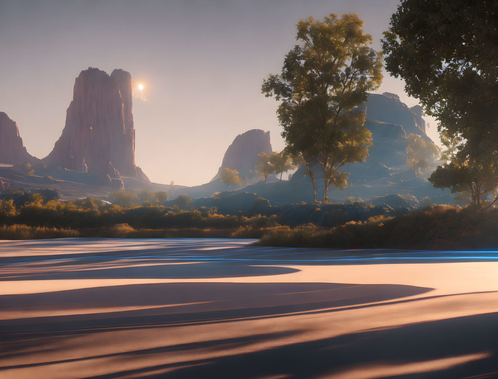 Serene desert landscape at sunrise with rock formations and lush trees.