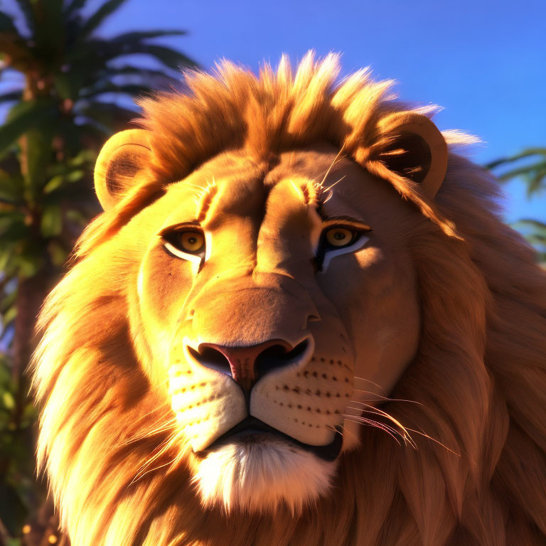 Detailed 3D animated lion with regal mane in sunset setting