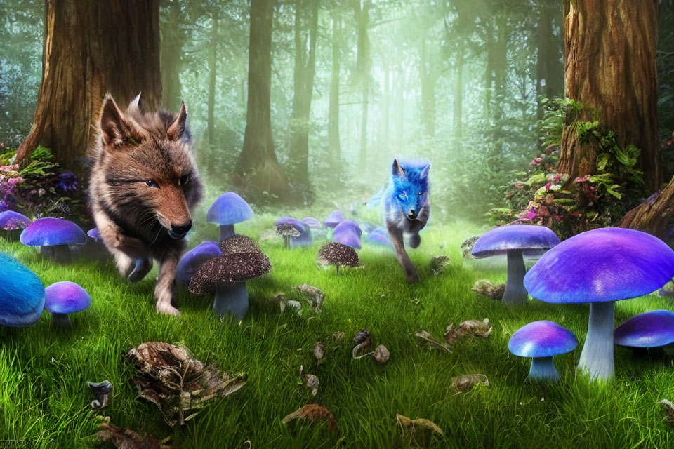 Fantasy wolves in enchanted forest with vibrant mushrooms