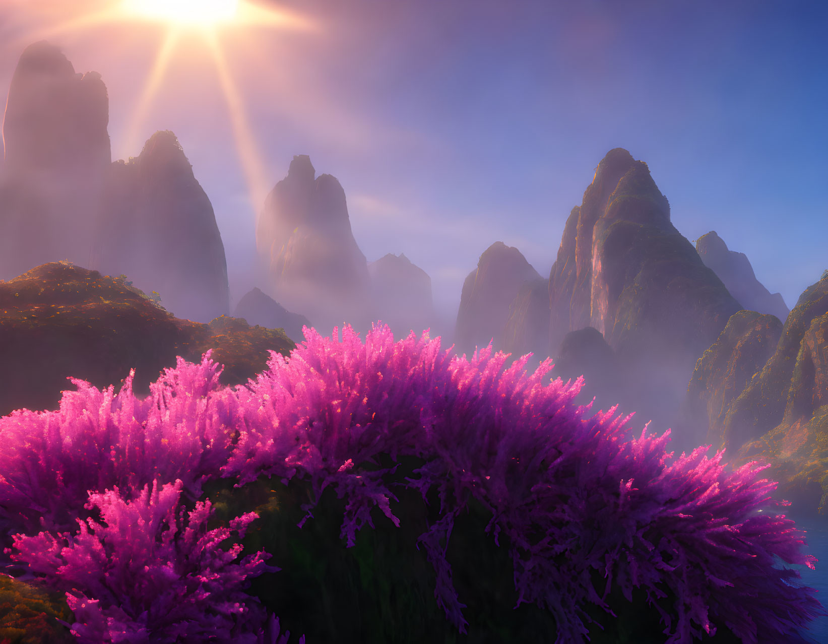 Mystical landscape with misty peaks, purple flora, and rugged mountains