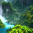 Tropical landscape with waterfalls, green foliage, and misty river