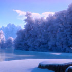 Winter Scene: Snow-covered pine trees, frozen lake, and purple sky