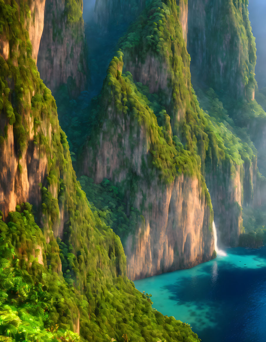 Scenic lush green cliffs over tranquil turquoise sea