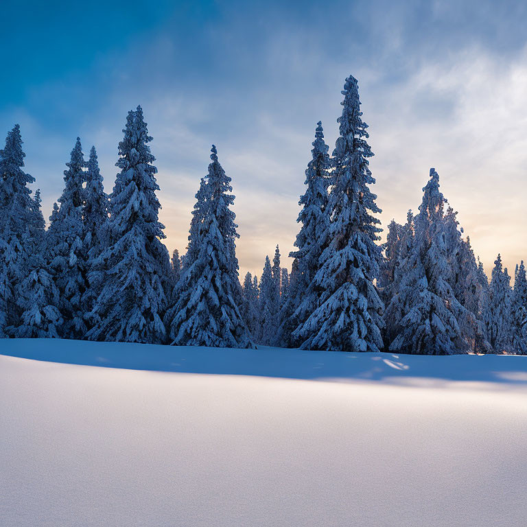 Snow-covered evergreens under blue sky with soft clouds at dawn or dusk