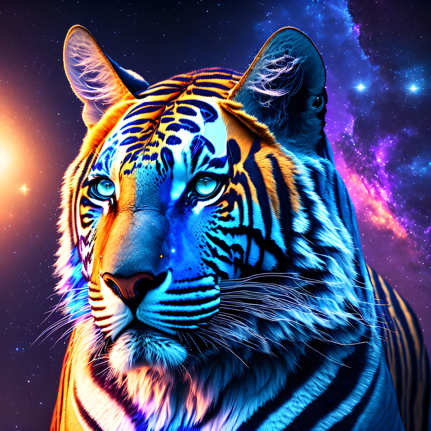 Colorful Tiger in Cosmic Starry Background with Intense Gaze