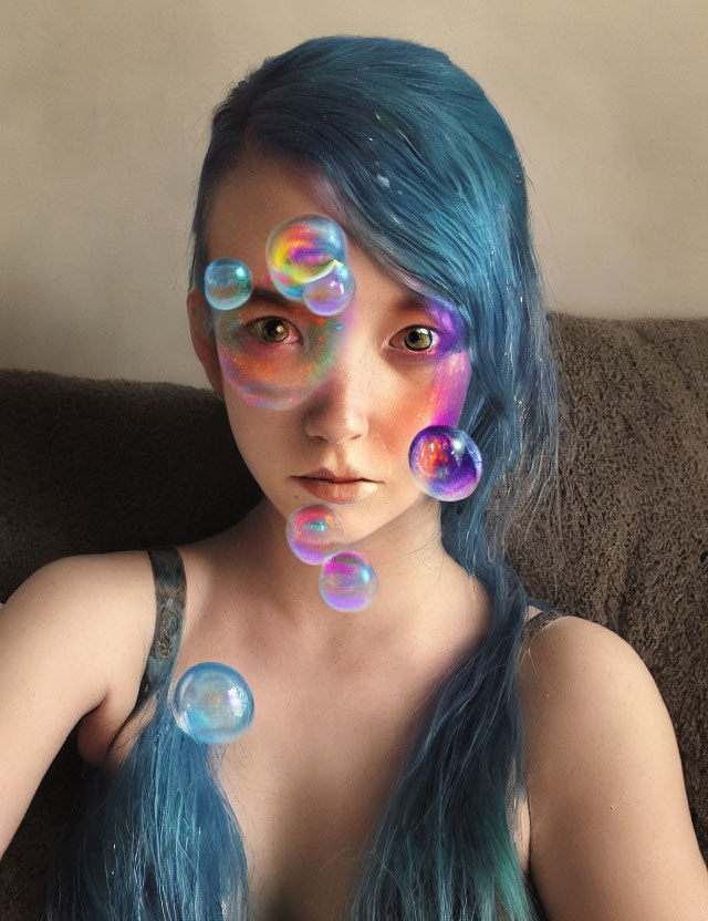 Blue-haired person surrounded by colorful bubbles for a whimsical look