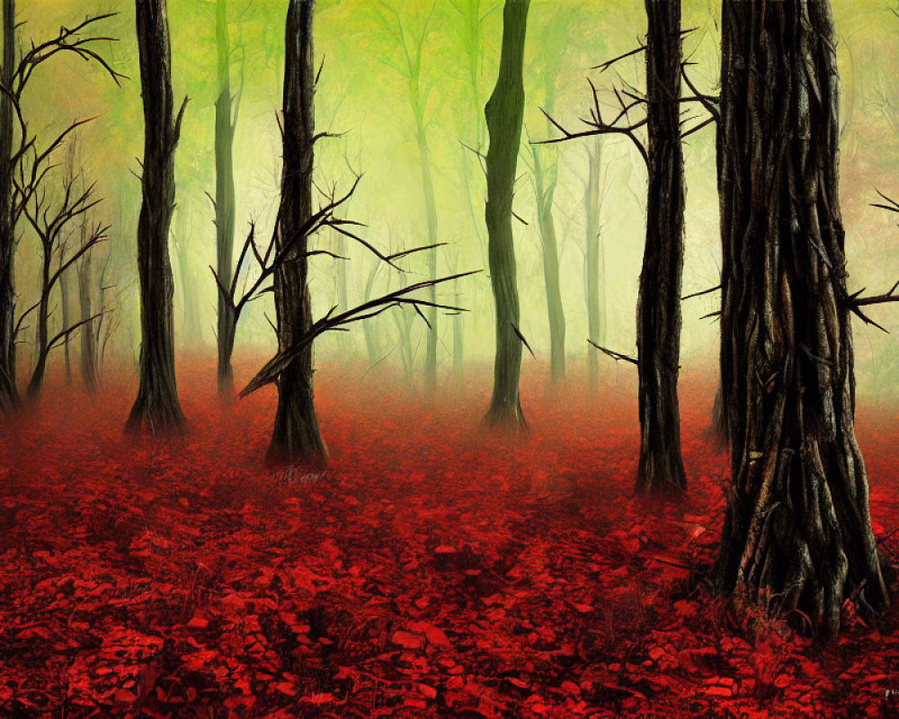 Enchanting forest with crimson leaves, black trees, and green fog