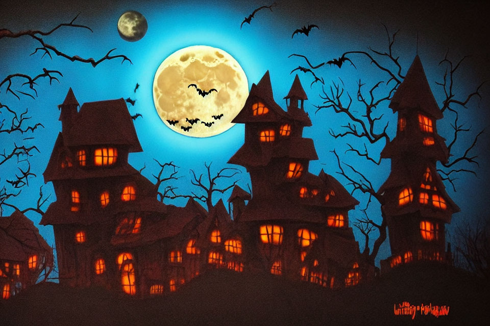 Spooky haunted house silhouette on a full moon night with flying bats