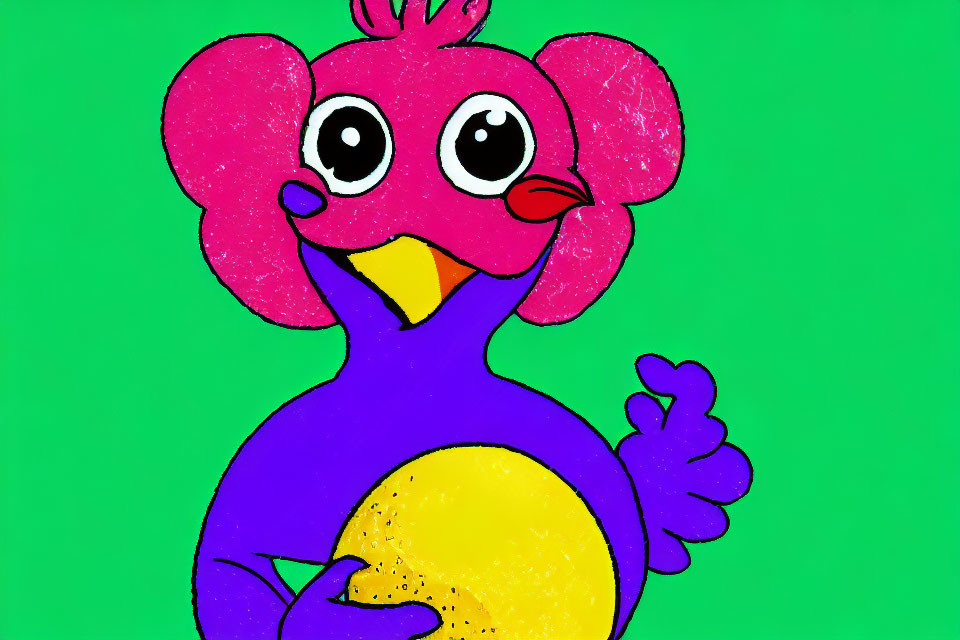 Whimsical creature with pink elephant-like head and purple body on green background