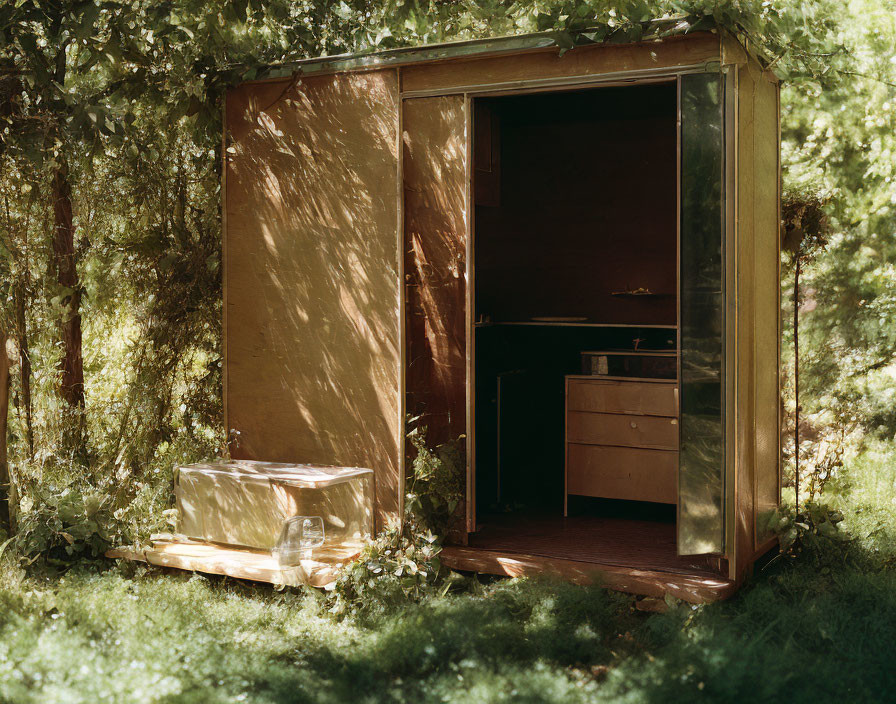 Rustic wooden shed in leafy surroundings with wrapped object on porch