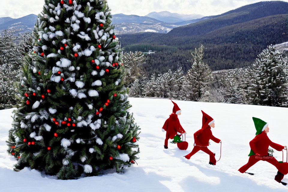 Three elves with gifts near Christmas tree in snowy landscape