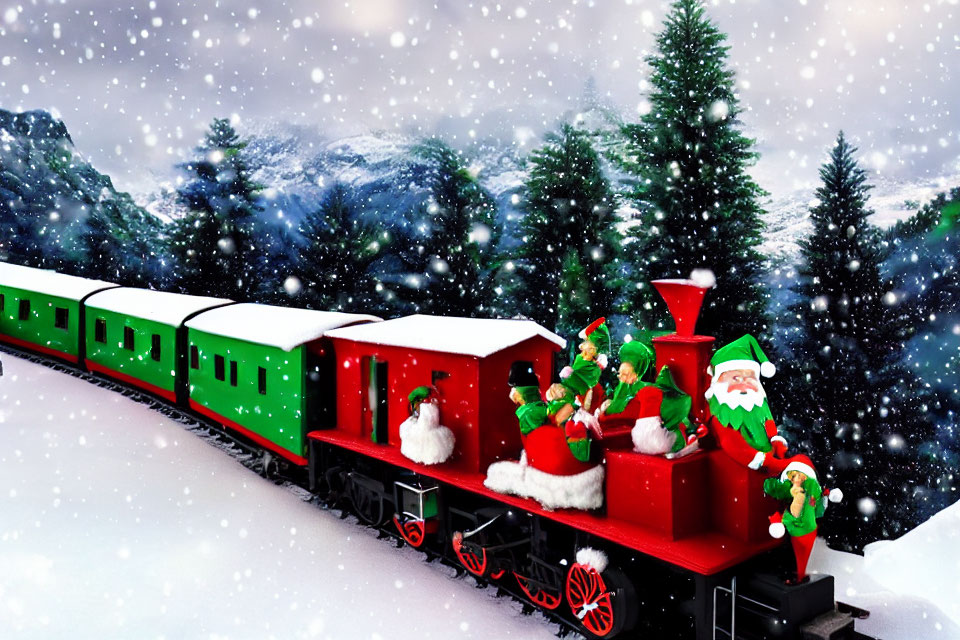 Red and Green Holiday Train with Santa and Elf in Snowy Mountain Scene