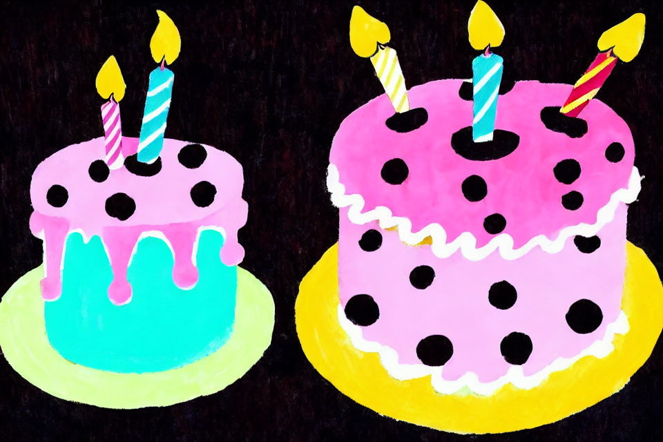 Colorful Birthday Cakes with Lit Candles on Dark Background