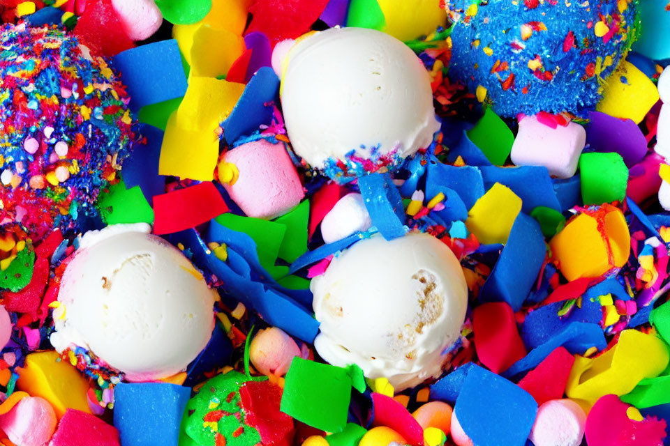 Vibrant confetti background with colorful ice cream scoops